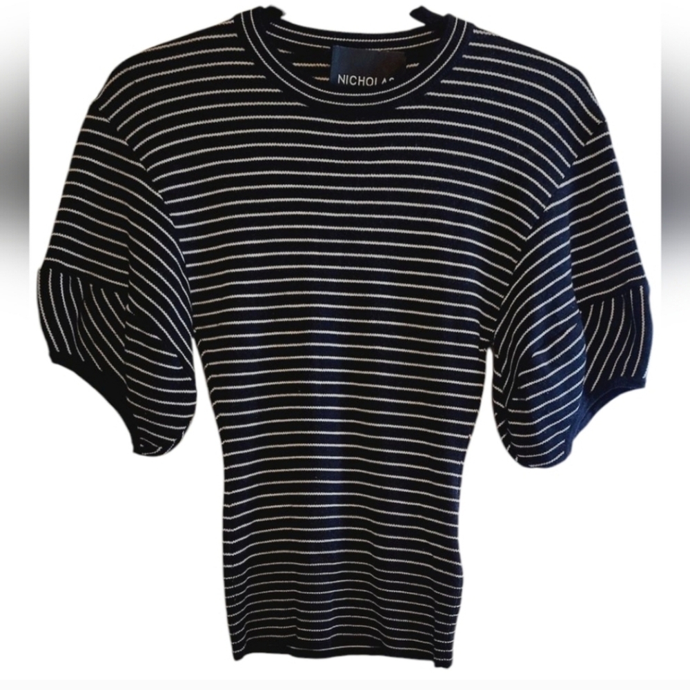 NICHOLAS Navy and White Striped Puff Sleeve Knit Stretchy Top